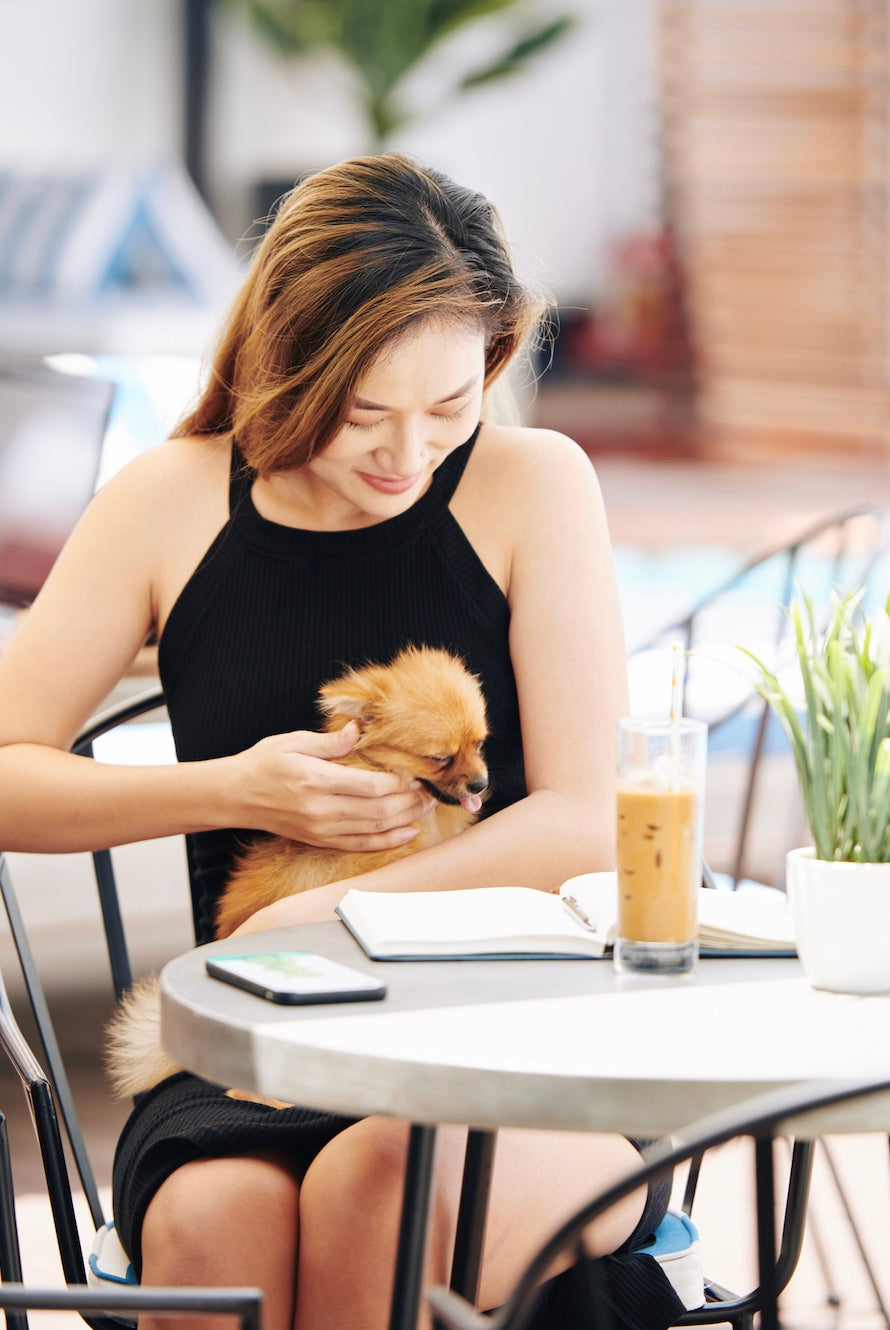 Dog mum and Pomeranian at a dog friendly cafe